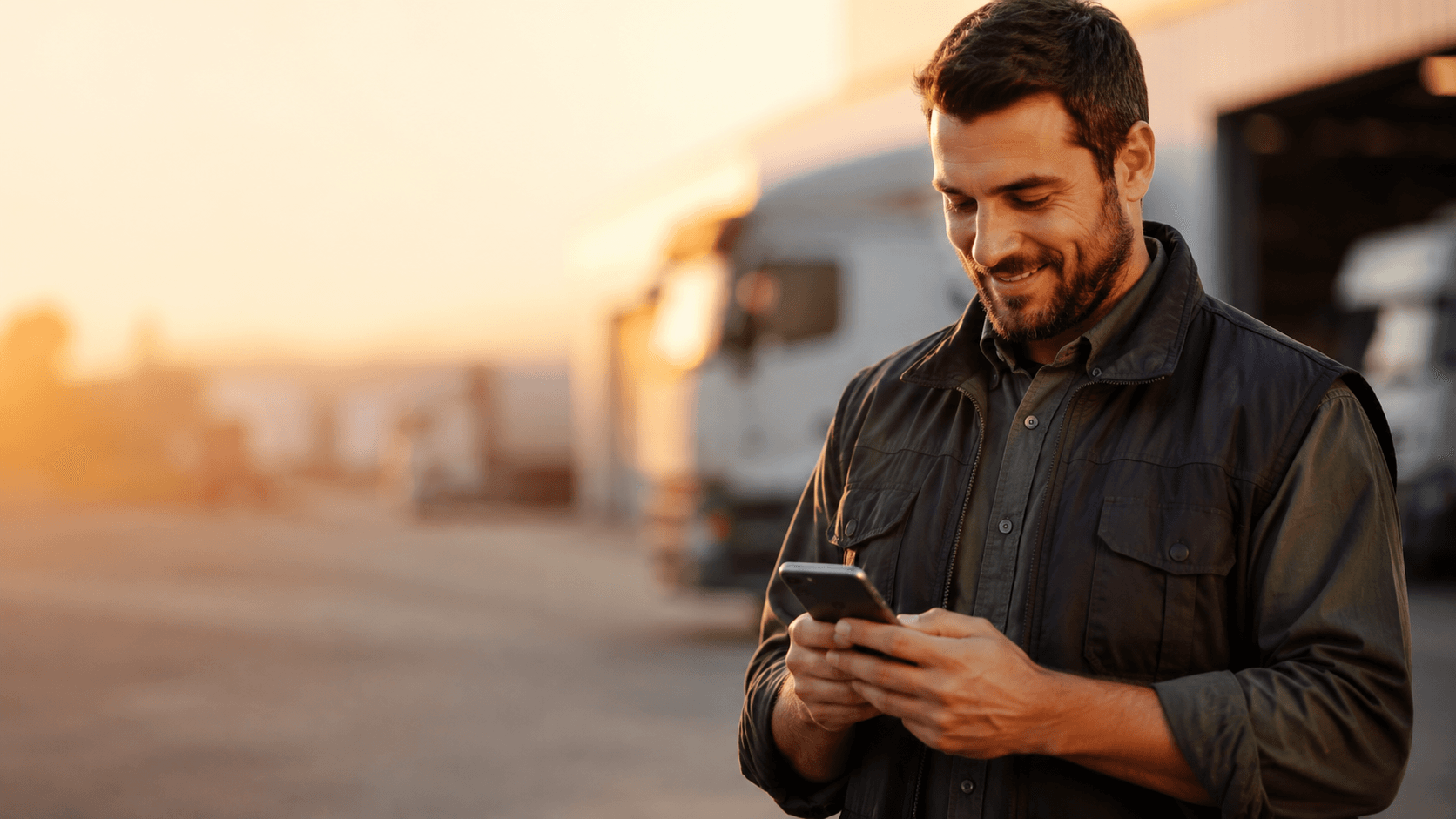 Motorista sorrindo ao conferir uma mensagem no celular